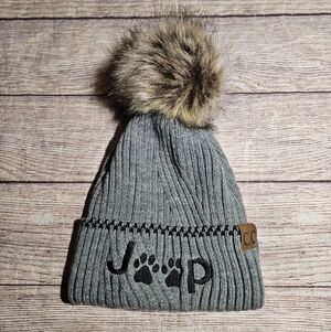 CC Jeep paw print cable knit acrylic pom beanie hat